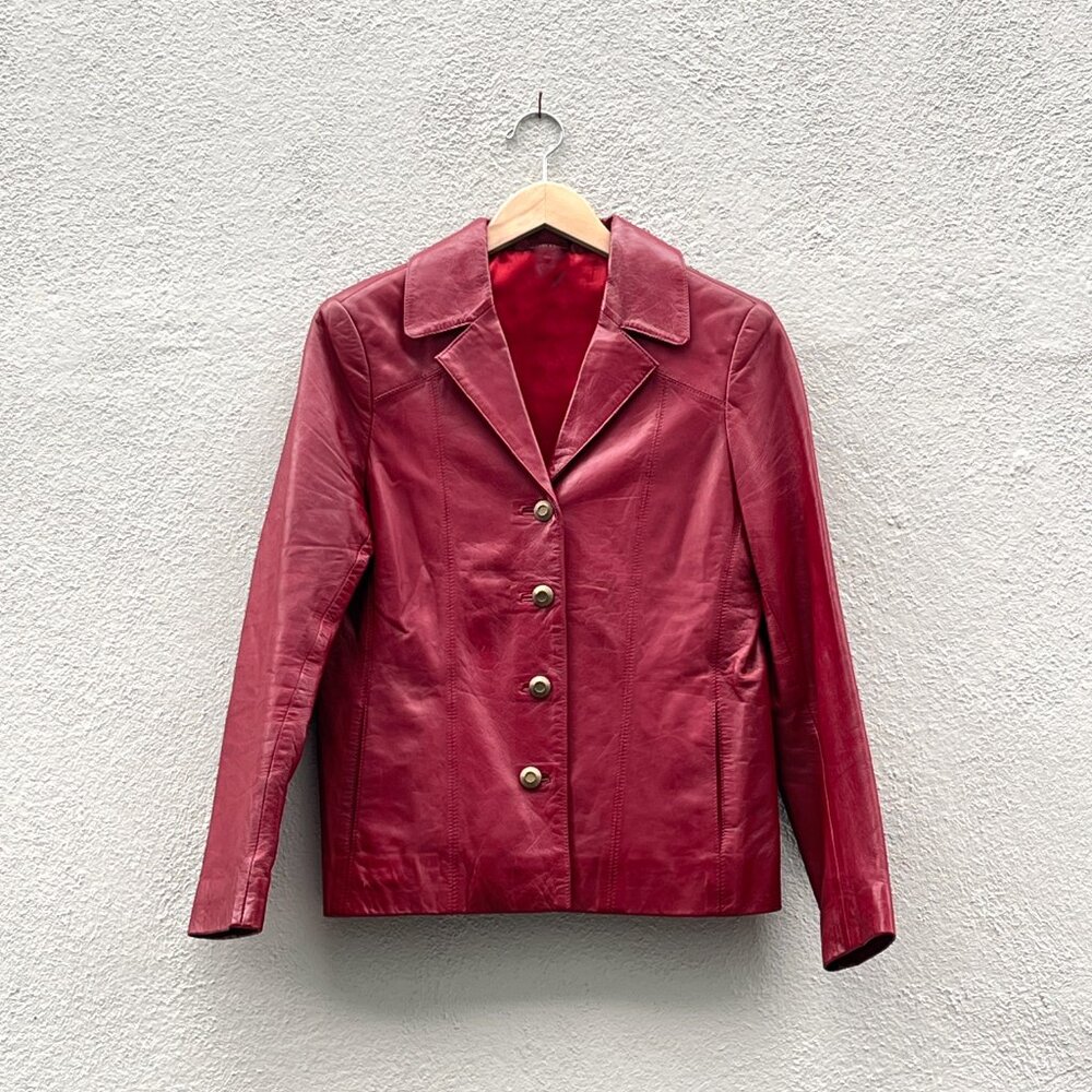 Vintage Women's Dark Red Wine Leather Blazer Jacket Medium